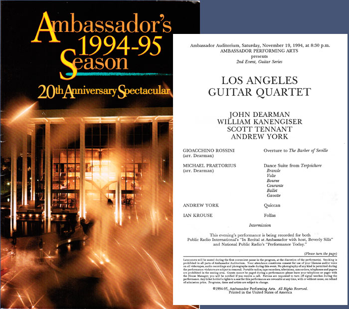 LAGQ-John Dearman, Bill Kanengiser, Scott Tennant and Andrew York, Ambassador Auditorium program